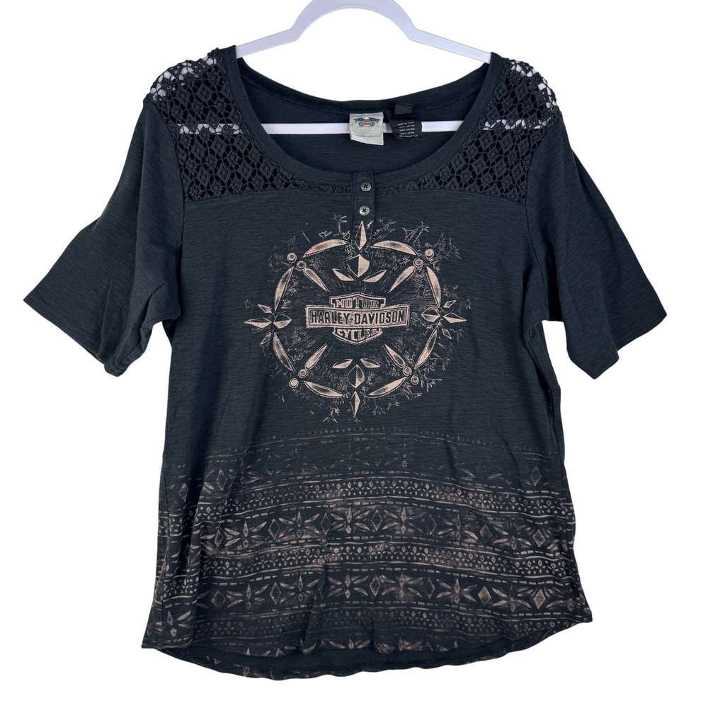 Harley-Davidson Womens Crochet Lace Shoulder Henley Graphic T-Shirt Grey L